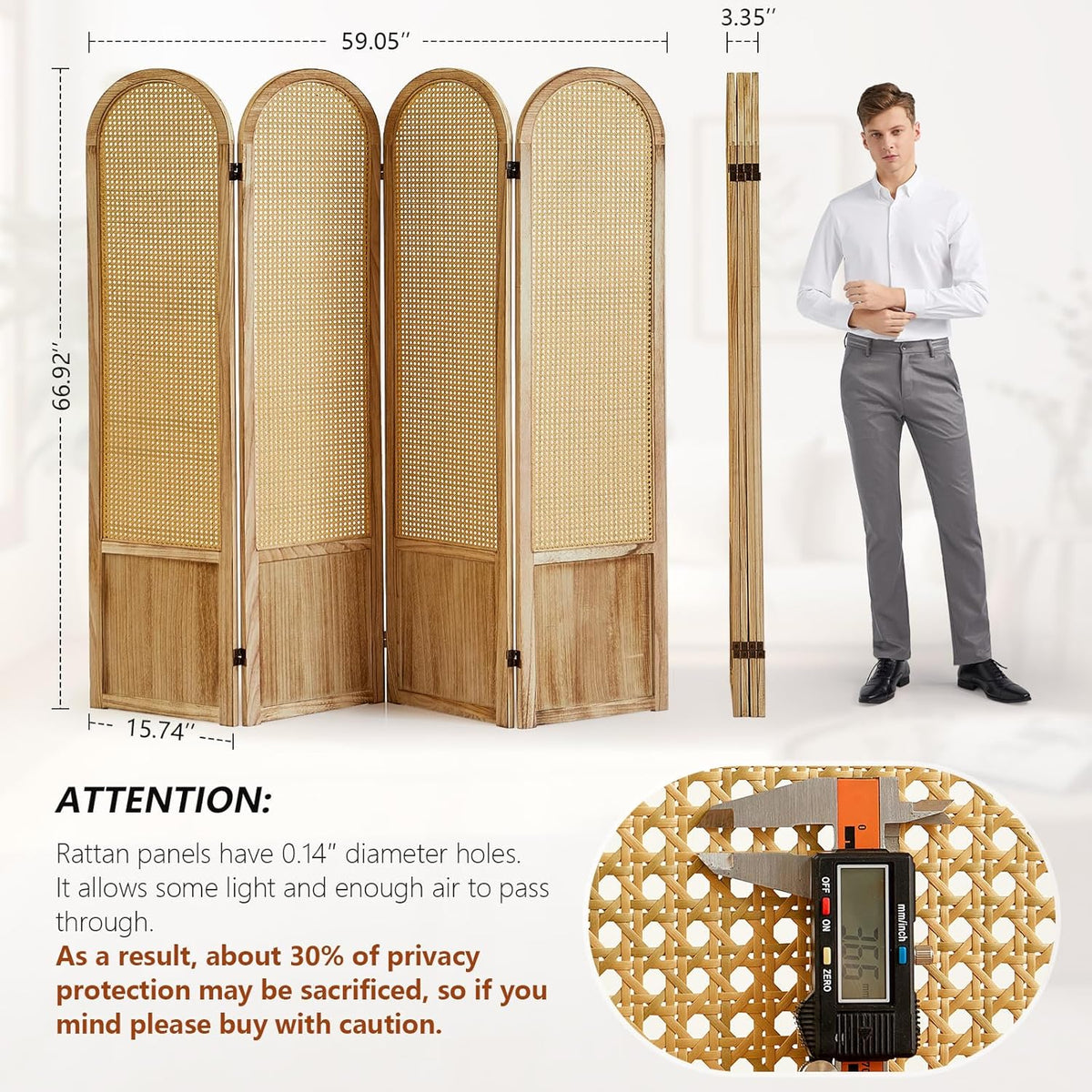 4 Panel Room Divider and Folding Privacy Screen, 5.6 Ft Foldable Double Hinged Rattan Partition, Hand-Woven Rattan Room Divider Portable Wood Freestanding Wall Divider for Room Separation - Natural