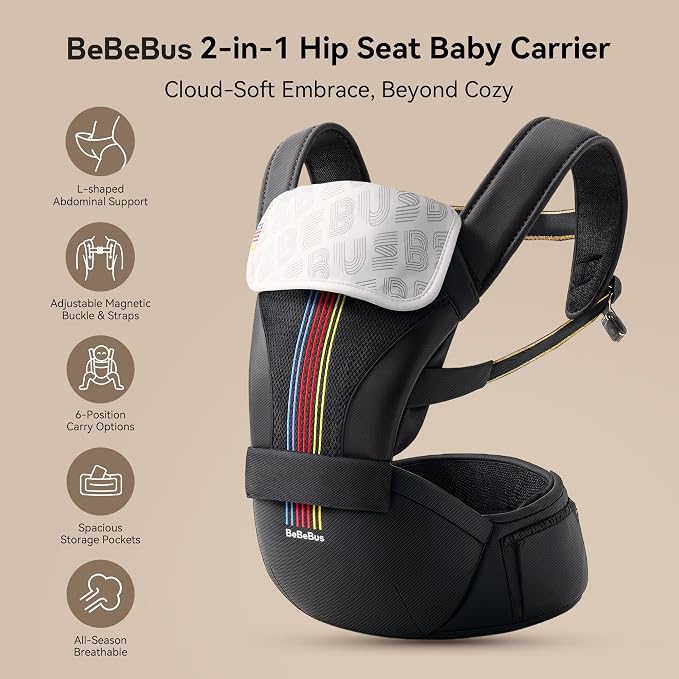 Baby Carrier with Hip Seat, BeBeBus 2-in-1 Ergonomic Newborn to Toddler Carrier