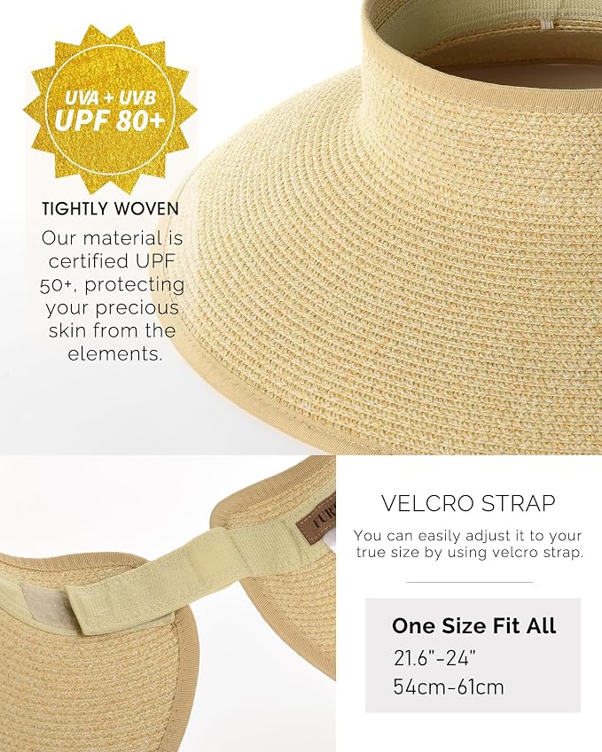 FURTALK Sun Hats for Women Wide Brim Beach Hat Straw Visor Ponytail Summer UV