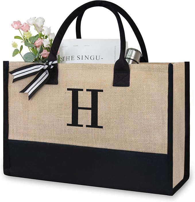 TOPDesign Initial Jute/Canvas Tote Bag, Personalized Present Bag, Suitable