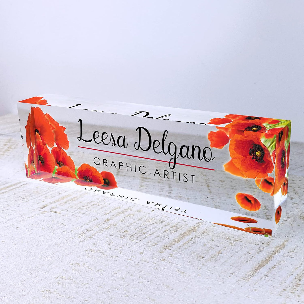 Artblox Personalized Name Plate for Desk | Poppy Flowers Design On Clear Acrylic Glass | Custom Desk Name Plate Personalized with Your Name and Credentials for Teacher Phd Military Office