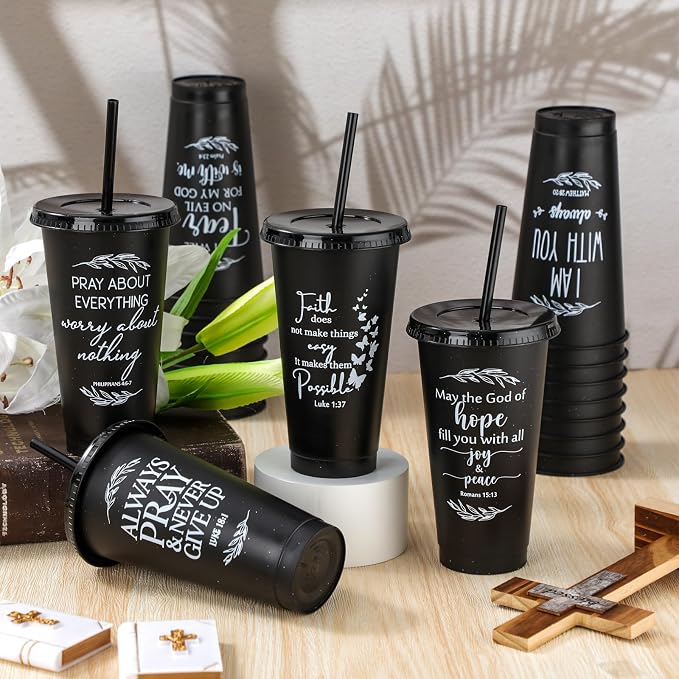 Havawish 12 Pcs Mothers Day Christian Tumbler Gift Bulk Religious Inspirational 24 oz Drinking Jesus Cup with Lid Straw Bible Verse Plastic Cup for Church Father Teacher First Communion (Black)