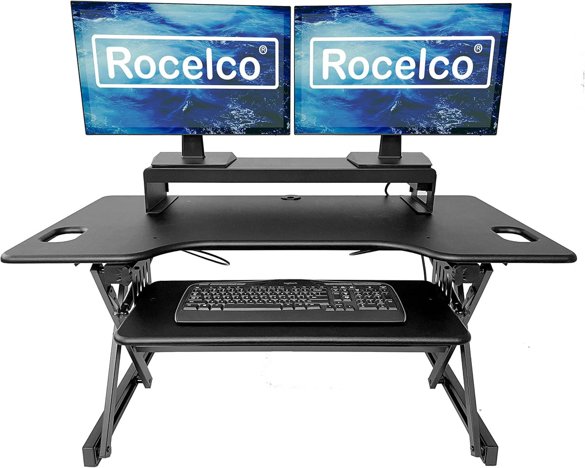 Rocelco 46" Large Height Adjustable Standing Desk Converter with Double Monitor Mount Stand BUNDLE - Quick Sit Stand Up Computer Workstation Riser - Retractable Keyboard Tray - Black (R DADRB-46-DMS)