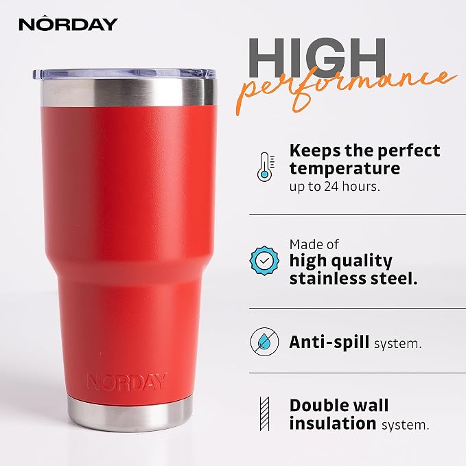 NORDAY | Tumbler with Lid - 30oz - Red Insulated Tumbler - Stainless Steel