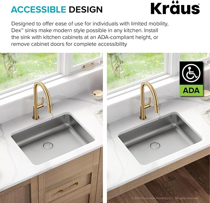 KRAUS Dex 25-inch Undermount 16 Gauge Stainless Steel Single Bowl ADA Kitchen