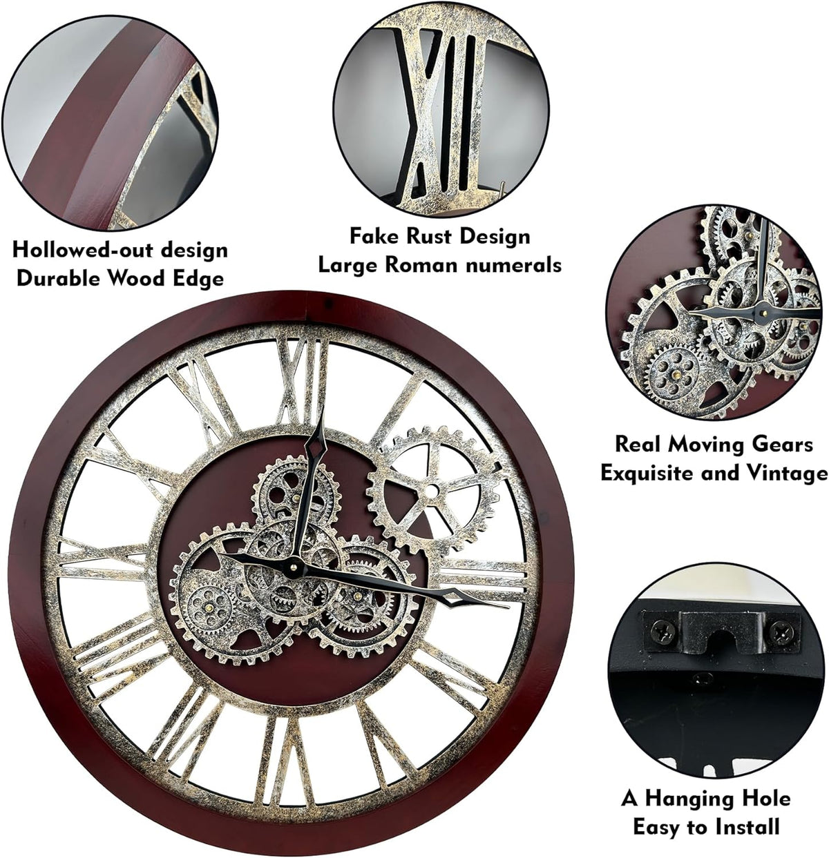The B-Style Large Wall Clock 24 inch Moving Gear Wall Clock Oversized Vintage Farmhouse Wall Clocks for Living Room Decor Rustic Industrial Wood Clock (Walunt Wood and Bronze)