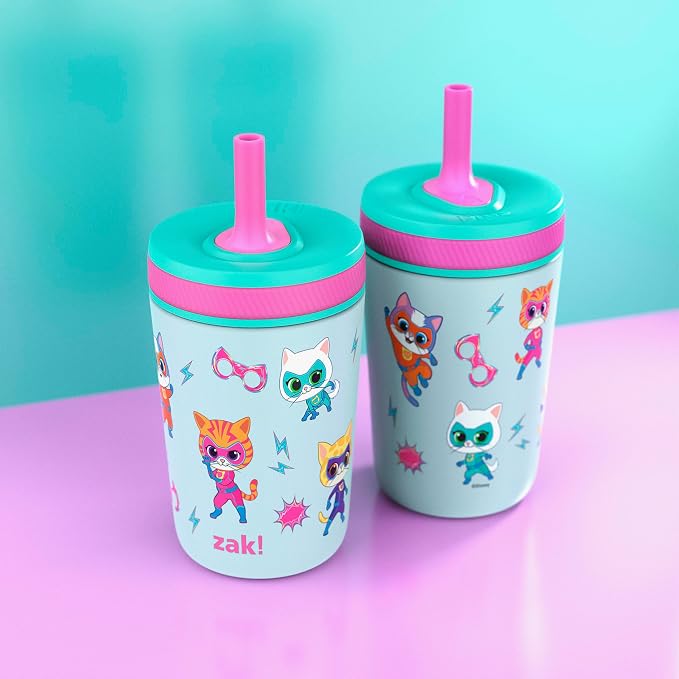 Zak Designs SuperKitties Kelso Toddler Cups For Travel or At Home, 12oz Vacuum Insulated Stainless Steel Sippy Cup With Leak-Proof Design is Perfect For Kids (Ginny, Sparks, Buddy, Bitsy)