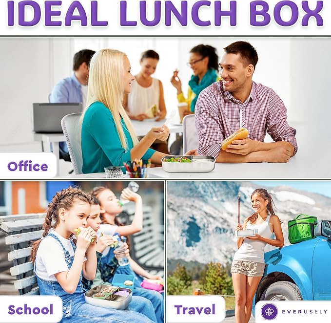 Everusely - Bento Box - Lavender, 60oz / 1.8 L - Stainless Steel Lunch Box - 3