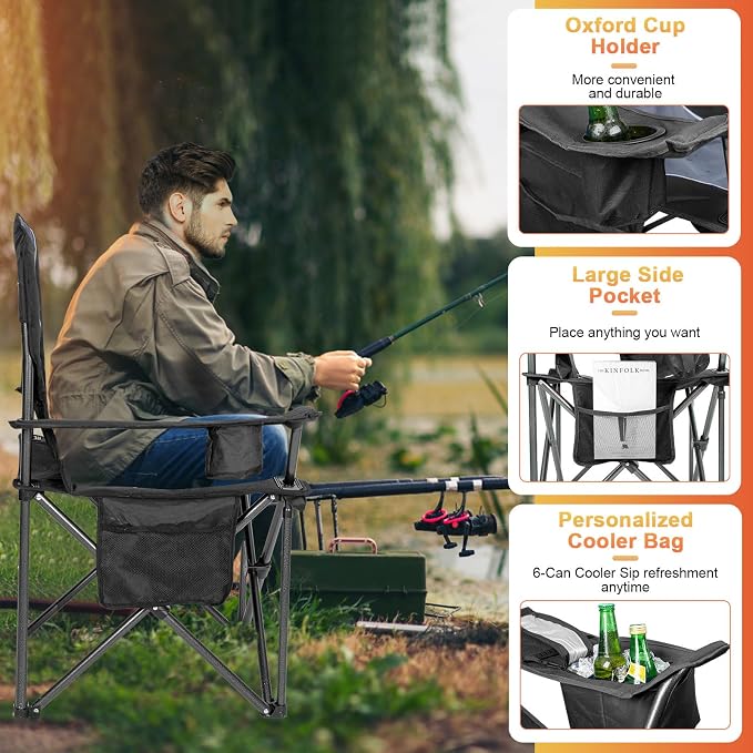 Romswi Oversized Camping Chairs, Heavy Duty Support 500 LBS, Padded Back & Arm