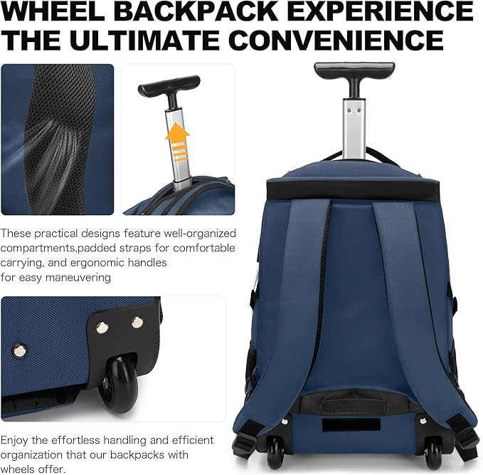 Boavan Rolling Backpack, 17 inch Water Resistant Wheeled Backpack, Carry on