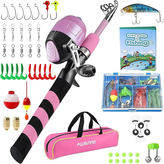 PLUSINNO Kids Fishing Pole, Portable Telescopic Fishing Rod and Reel Combo Kit -