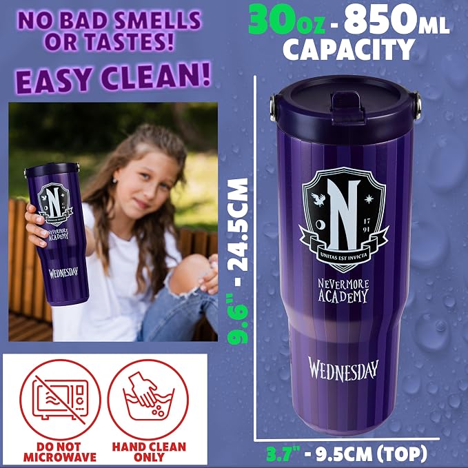 Get Trend Wednesday Tumbler with Straw 30oz Girls Teens Insulated Cup with Lid Handle Travel Mug Cups with Lids for School Sports Gifts for Girls (Purple Wednesday)