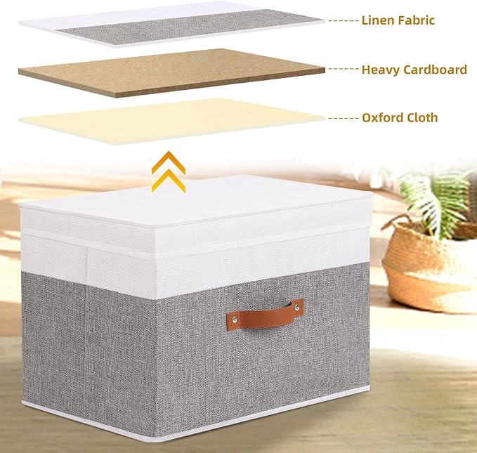 Fabric Storage Bins with Lids, 3 Pack Linen Foldable Cloth Baskets, 15 x 9.8 x
