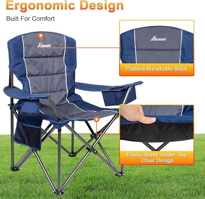 Romswi Oversized Camping Chairs, Heavy Duty Support 500 LBS, Padded Back & Arm