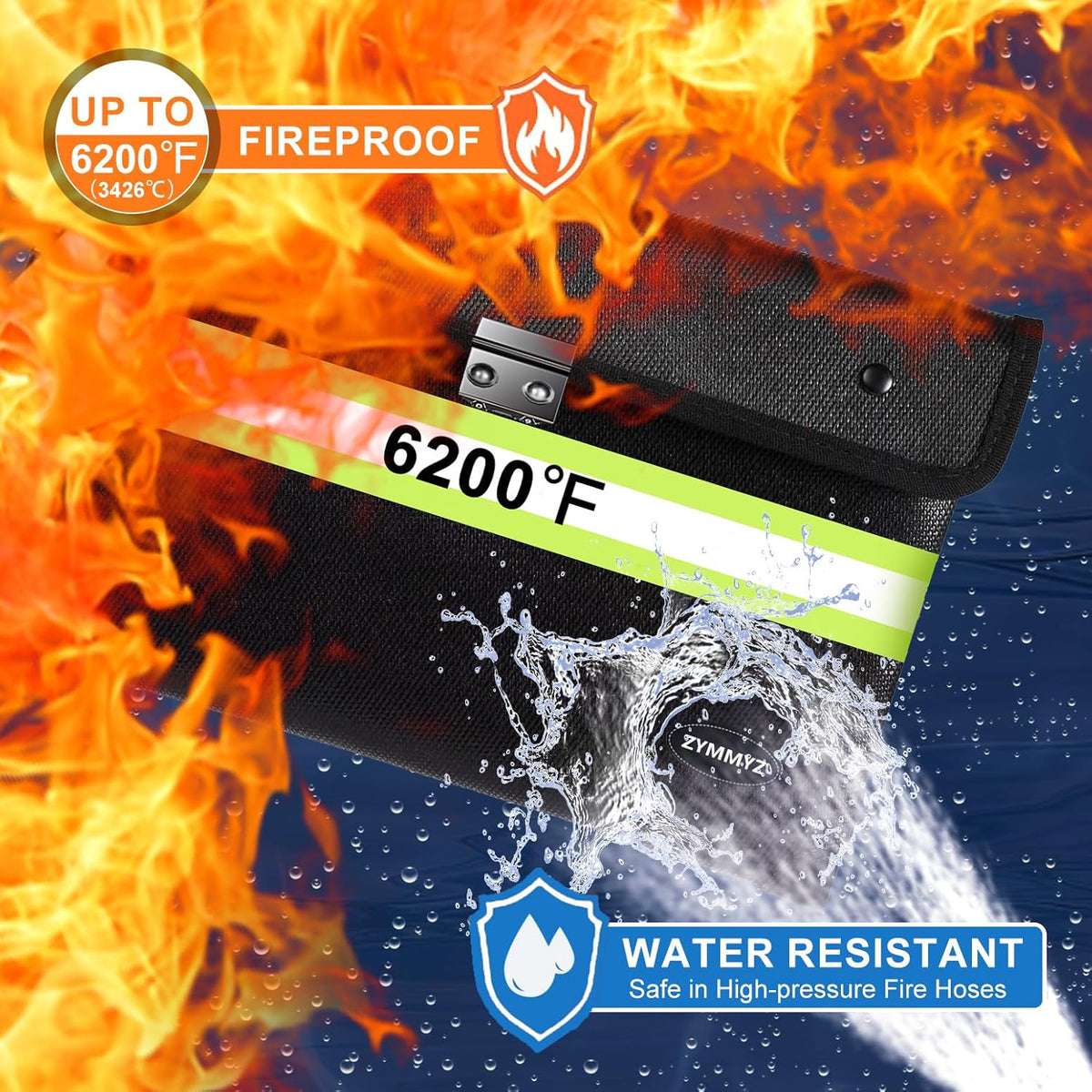 6200℉ Insulated Fire Proof Money Bag for Cash with Lock,Fireproof Waterproof Document Pouches with Double-Sided Reflective Strip,Money Envelopes for Cash,Valuables,Jewelry