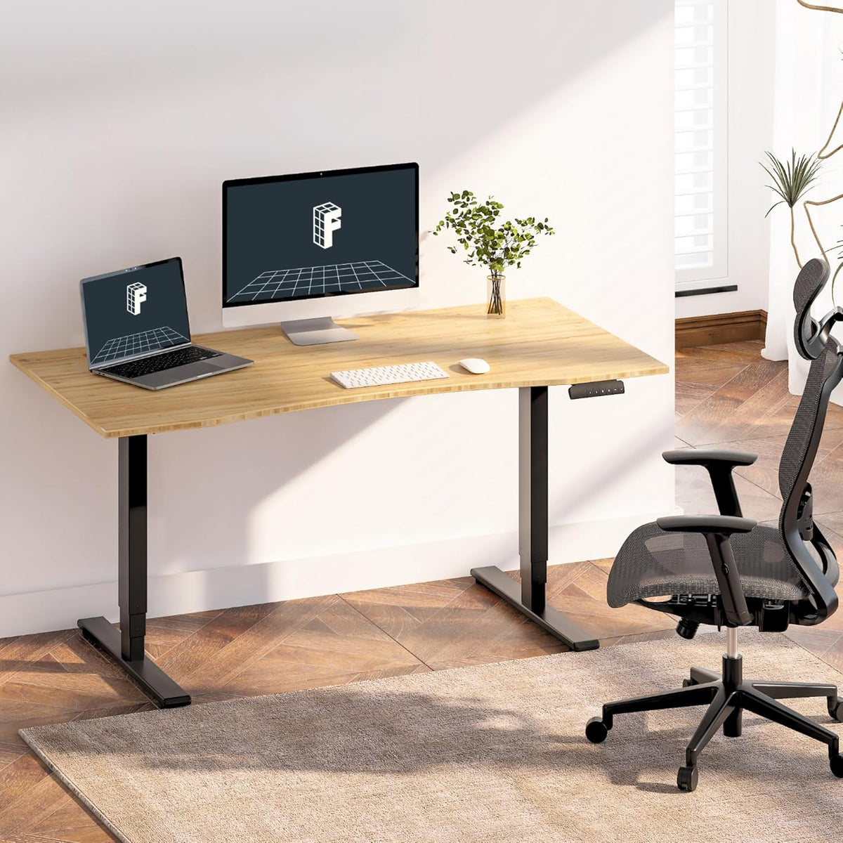 FLEXISPOT E6 Essential Bamboo 3 Stages Dual Motor 72x30 Inch Electric Height Adjustable Standing Whole-Piece Board Desk Sit Stand Up Desk (Black Frame + Bamboo Curved Desktop)
