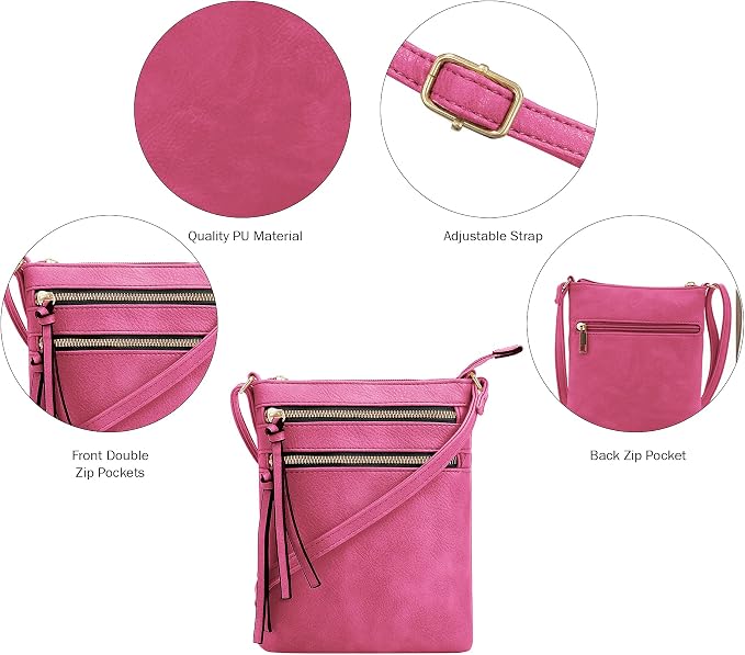 DELUXITY | Crossbody Purse Bag | Functional Multi Pocket Double Zipper Purse |