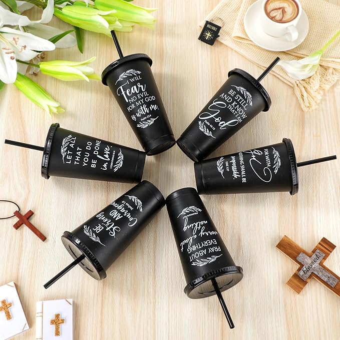 Havawish 12 Pcs Mothers Day Christian Tumbler Gift Bulk Religious Inspirational 24 oz Drinking Jesus Cup with Lid Straw Bible Verse Plastic Cup for Church Father Teacher First Communion (Black)