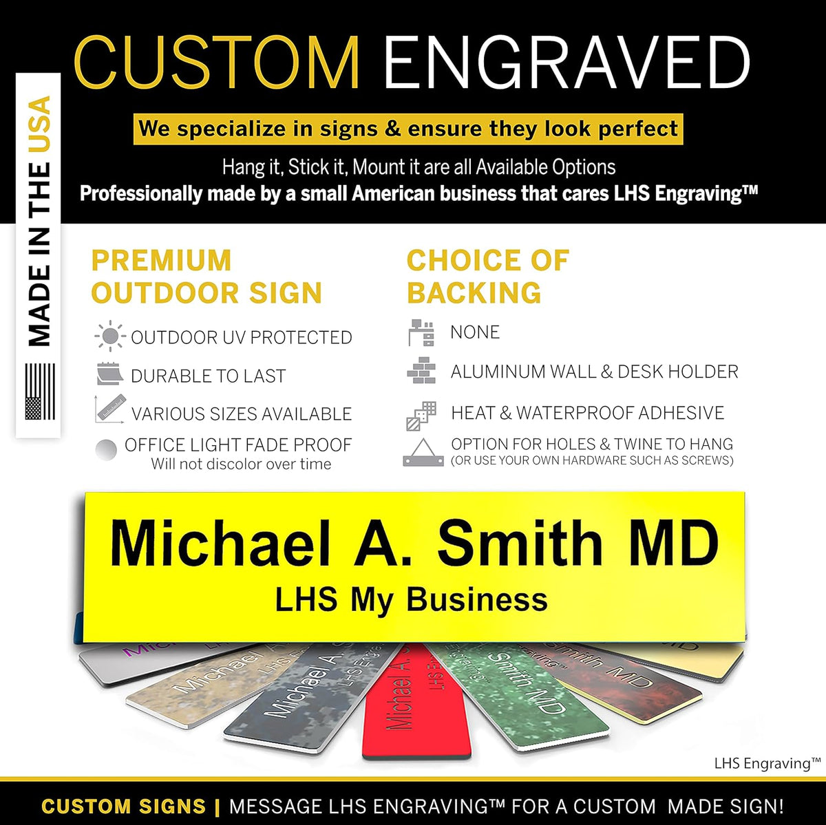 Door Name Plate Personalized for Office Yellow Plastic Name Plate Black Letters - Made in USA 2x8 B4