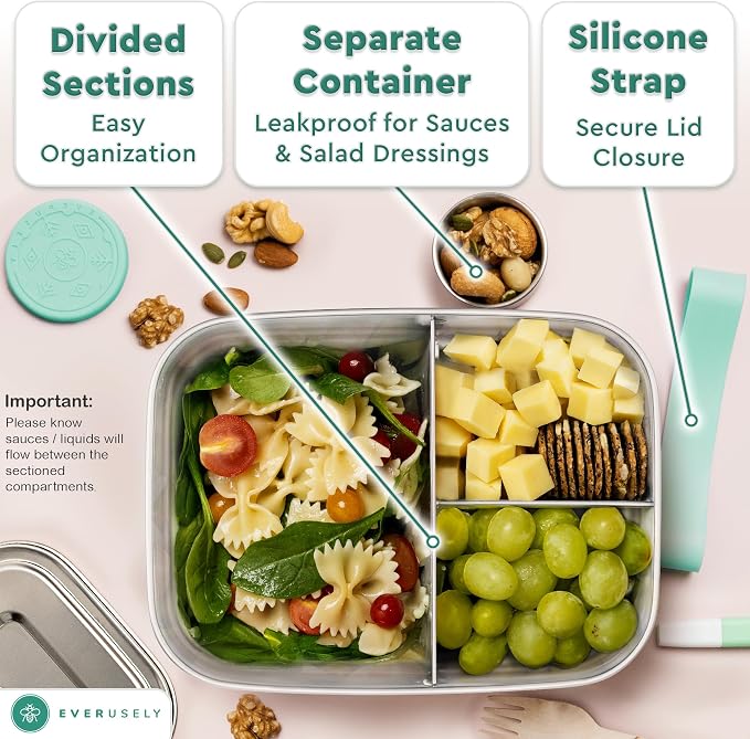 Everusely - Bento Box - Green, 60oz / 1.8 L - Stainless Steel Lunch Box - 3