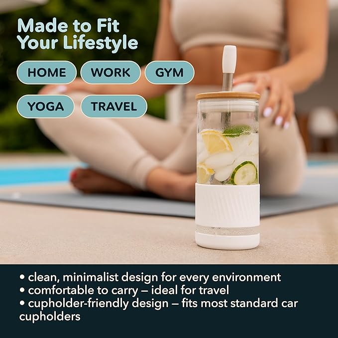Pandaloo® Glass Cups With Lids and Straws -20 Fl Oz- Perfect Size Iced Coffee Cup - Smoothie Cup With Bamboo Lid and On the go Lid - Glass Tumbler With Straw (1 Count (Pack of 1), Mediterranean Olive)