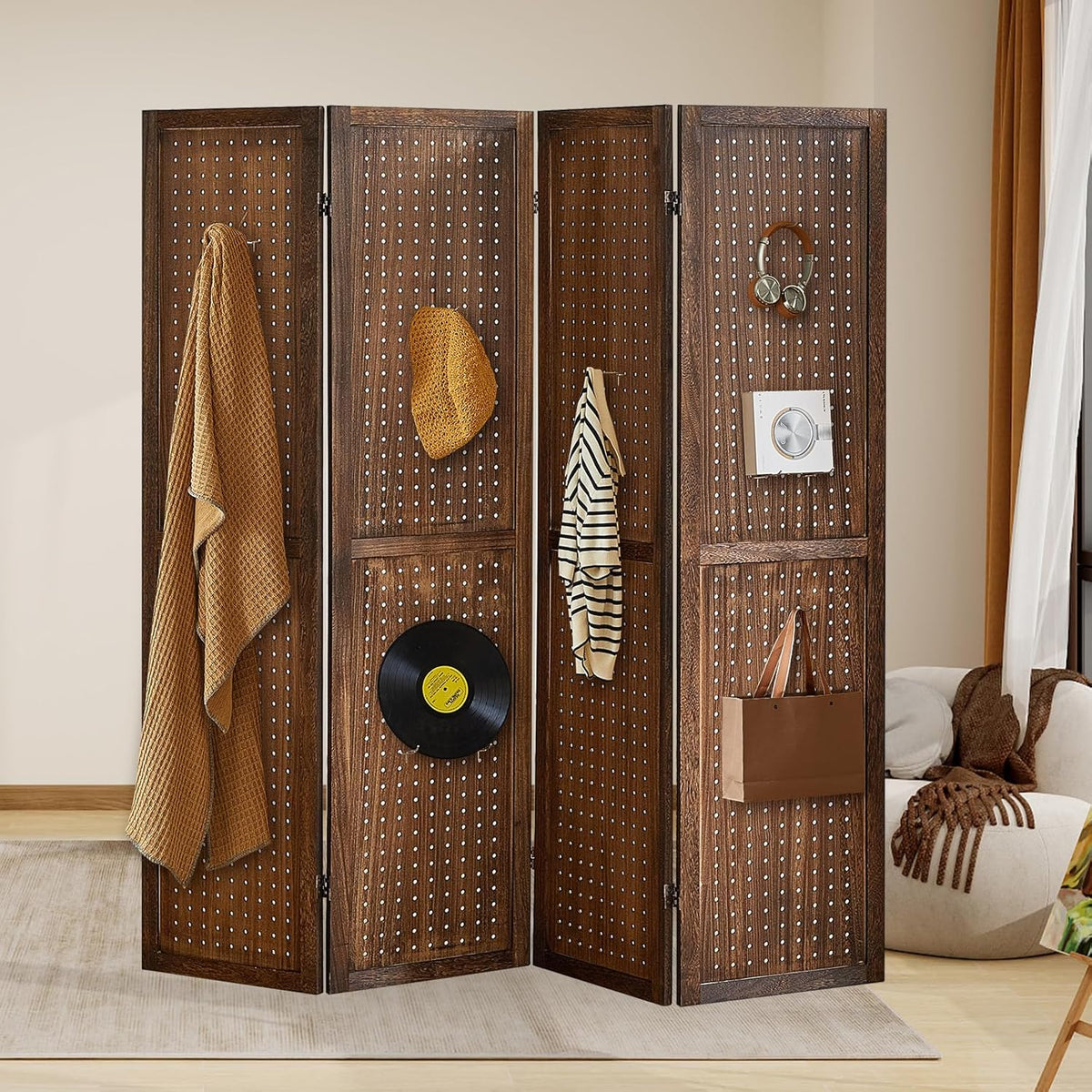 4 Panel Pegboard Display with 16 Hooks, Wooden Room Divider Wall and Folding Privacy Screens, Privacy Dividers for Rooms, Pegboard Room Divider, Jewelry Store, Bedroom, Balcony, Dark Brown