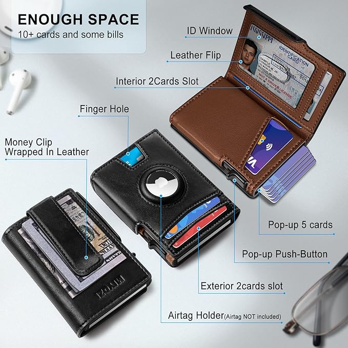 Airtag Wallet for Men, with Money Clip 10 Cards Metal Case Smart Slim Pop Up
