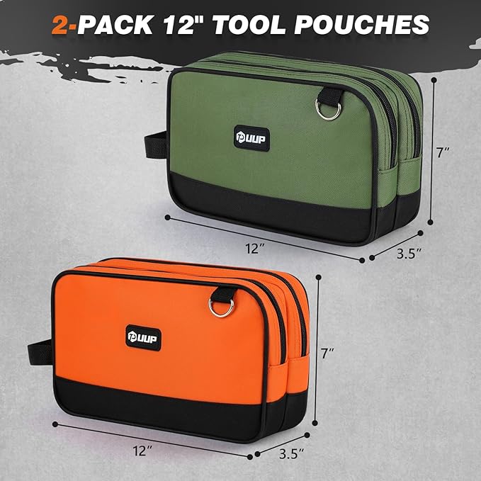 12 Inch Small Tool Bag 2 Pack, Zipper Tool Pouch Two Compartments, Utility
