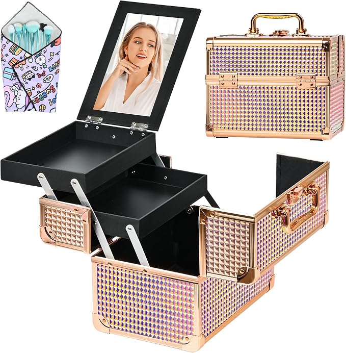 Makeup Case Organizer, Makeup Train Case, Trays Cosmetic Box Portable,
