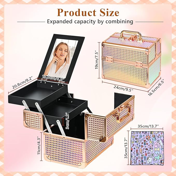 Makeup Case Organizer, Makeup Train Case, Trays Cosmetic Box Portable,