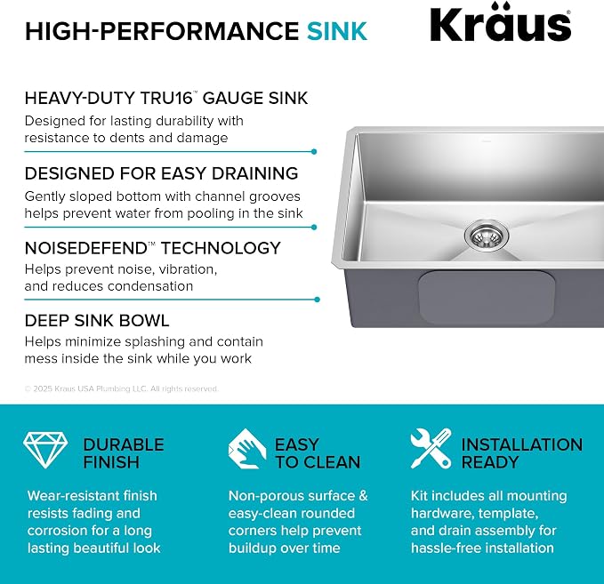 KRAUS Standart PRO 28-inch 16 Gauge Undermount Single Bowl Stainless Steel
