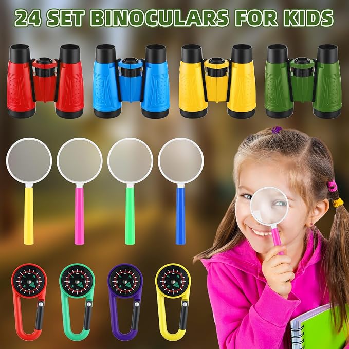 Wettarn 24 Pack Kid Mini Compact Binocular Compass Magnifying Glass Set
