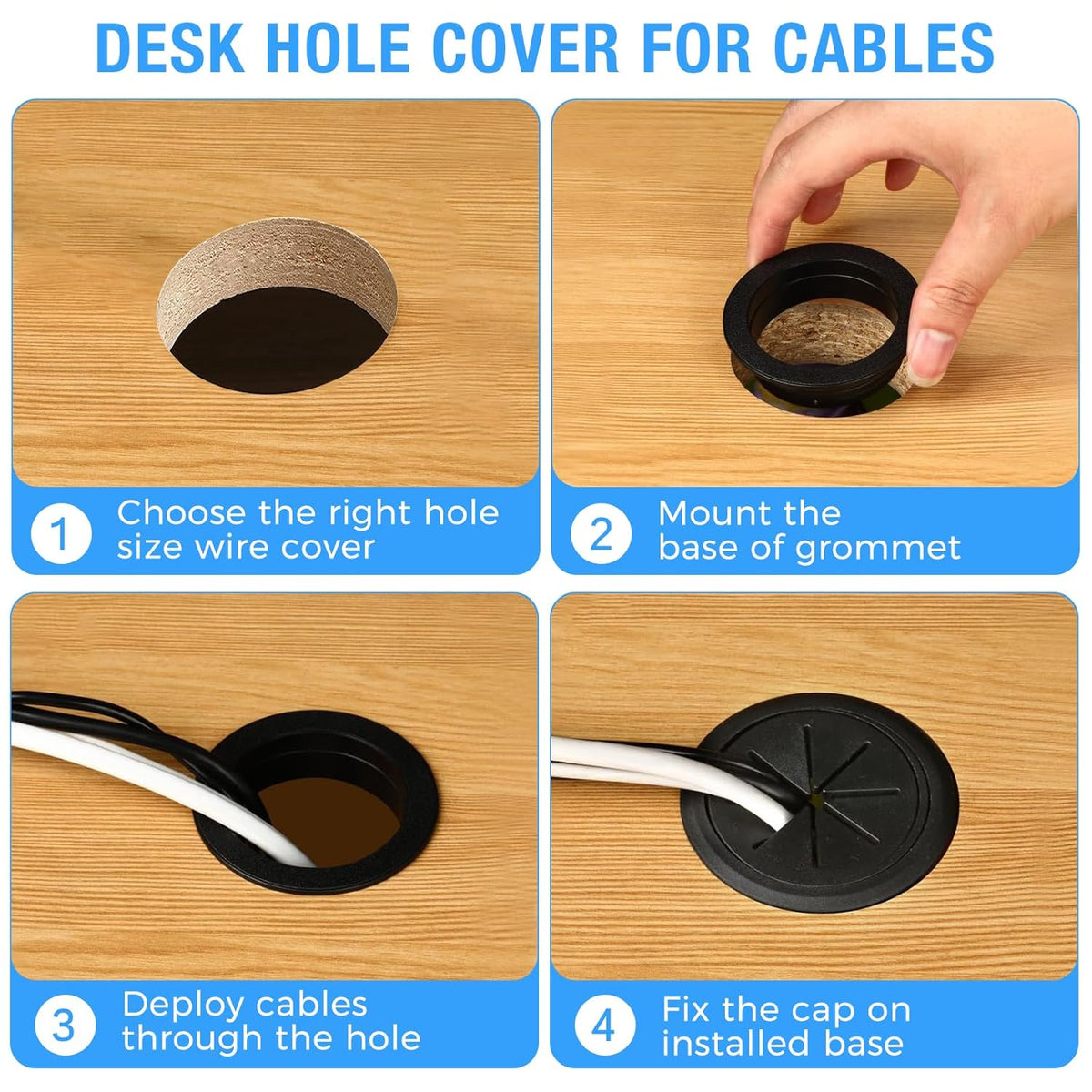 Desk Grommet 2-1/16" (53 mm), Desk Hole Cover for Cables White and Black, Cable Grommet ABS Plastic, Desk Hole Grommet for Office and Home Table Cable, Flexible Cable Cord Organizer-2 Pcs
