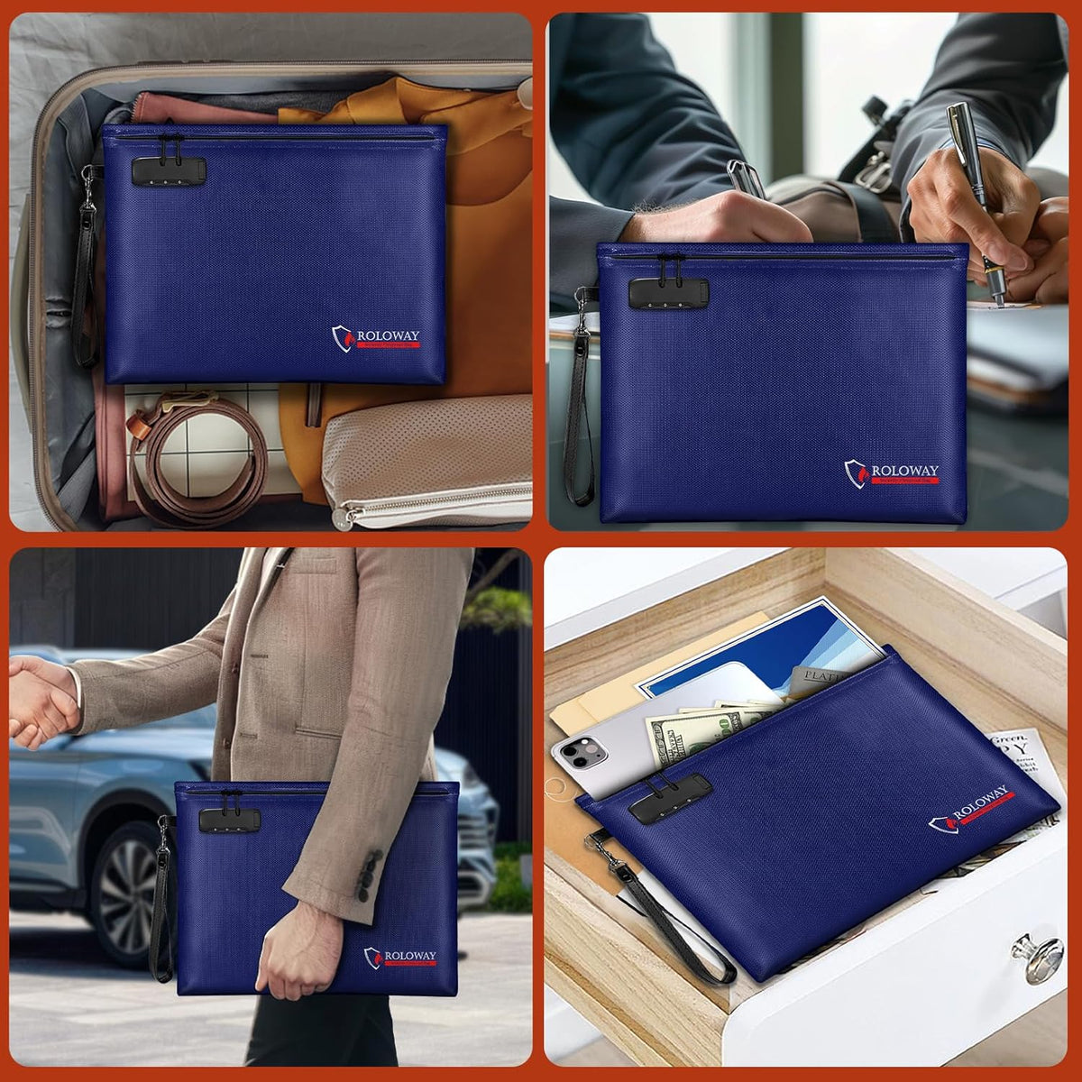 ROLOWAY Fireproof Document Bag (14.5 x 11.5 inch), 6400℉ Fireproof Money Bag with Zipper for Cash, Fire Safe Money Pouch with Lock (Blue)