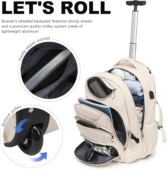 Boavan Rolling Backpack for Women, 17.3 Inch Wheeled Laptop Backpack, Large