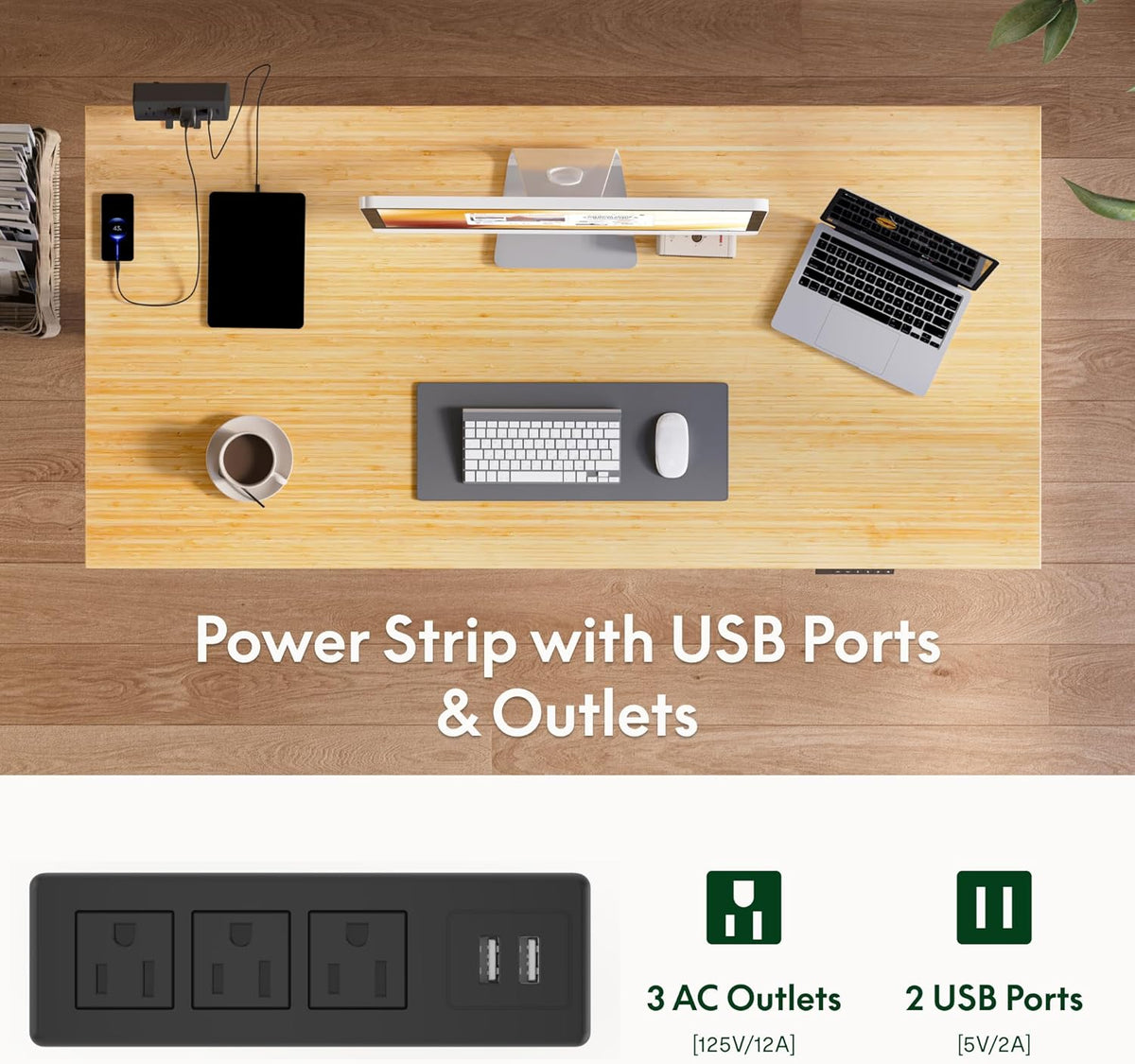 FLEXISPOT EN2 Whole-Piece Bamboo Standing Desk with Clamp Power Strip, 55 x 28 Electric Stand Up Height Adjustable Desk with Cable Management (Grey Frame + 55" Bamboo Top, 2 Packages)