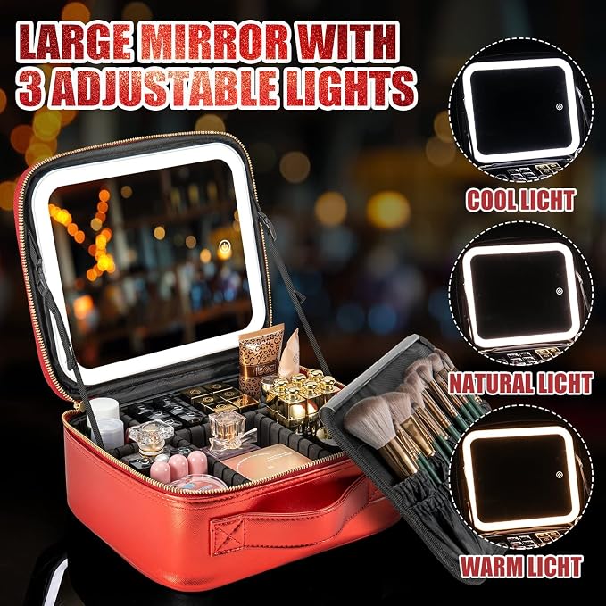 Makeup Travel Train Case with Mirror LED Light 3 Adjustable Brightness Large