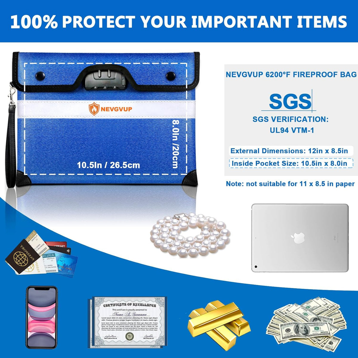 6200F Fireproof Money Bag with Lock, Upgraded A5 Document Bag w/ Zipper/Reflective Strip, 9 Layers Heat Insulated, Water Resistant