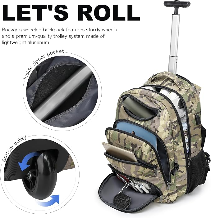 Boavan Rolling Backpack, 17 inch Water Resistant Wheeled Backpack, Carry on