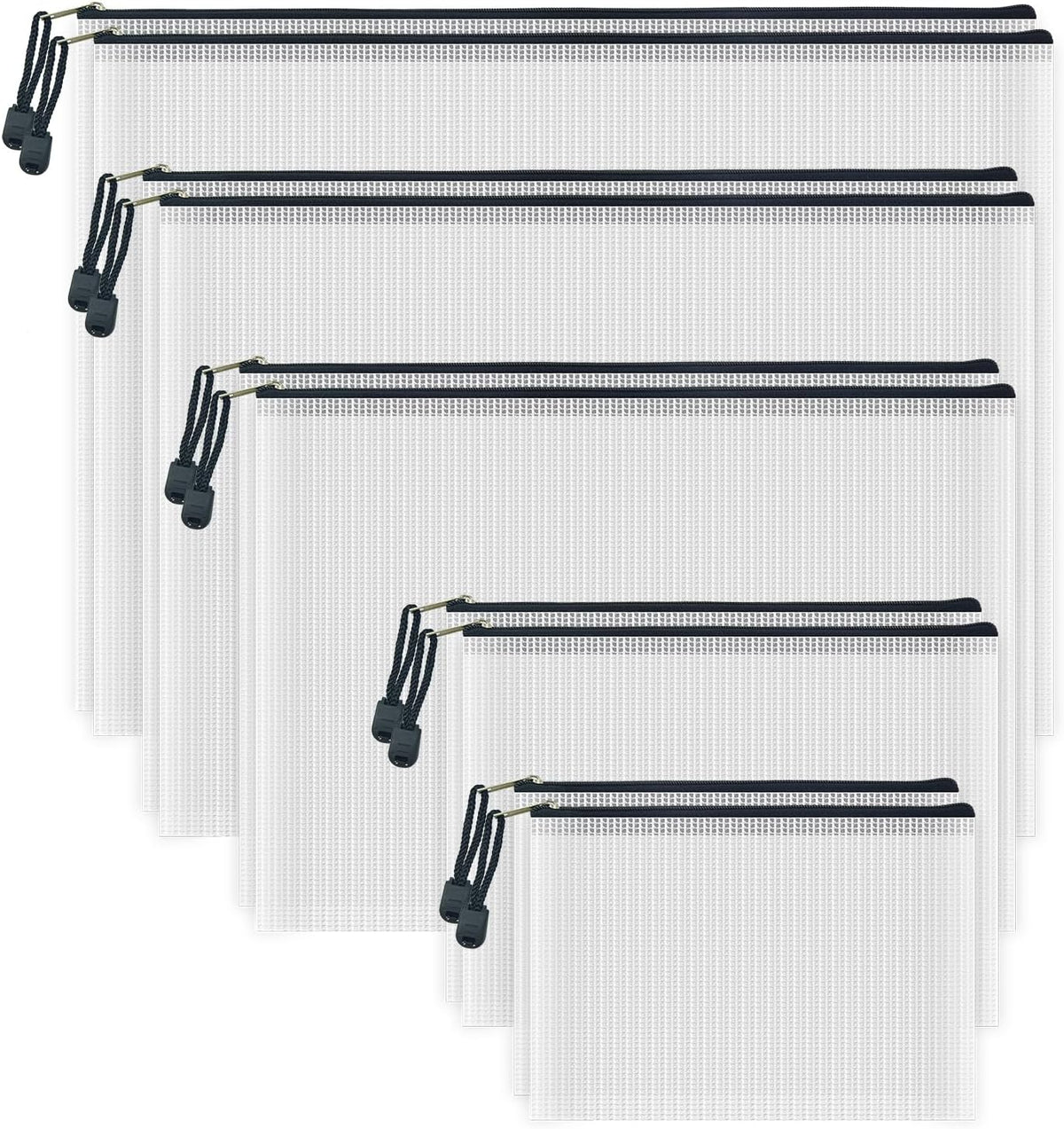 AUSTARK 10 Pcs Zipper File Bags, Waterproof Plastic Mesh Pouch for Office School, Board Game Storage Bags (Multi-Size, White and Black)