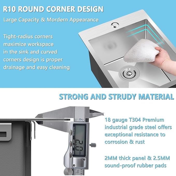 15x20 inch Drop in Bar Sink, 15 inch Small Kitchen Sink 18 Gauge Single Bowl