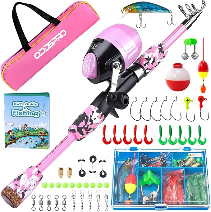ODDSPRO Kids Fishing Pole Pink, Portable Telescopic Fishing Rod and Reel Combo