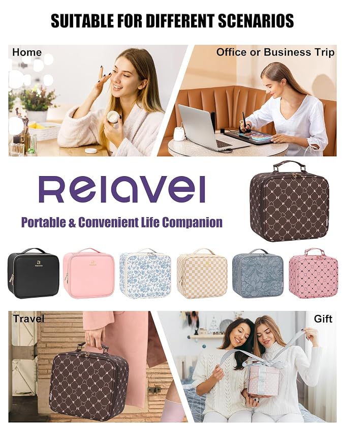 Relavel Travel Makeup Bag With LED Mirror, Portable Cosmetic Organizer Bag with