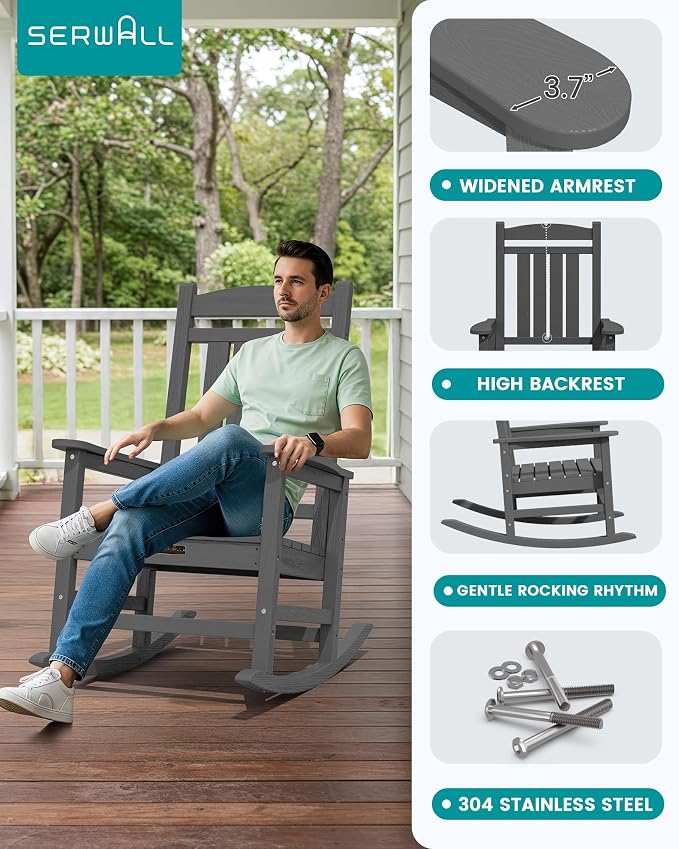 SERWALL Outdoor Rocking Chair Set of 2, HDPE Patio Rocking Chair All-Weather