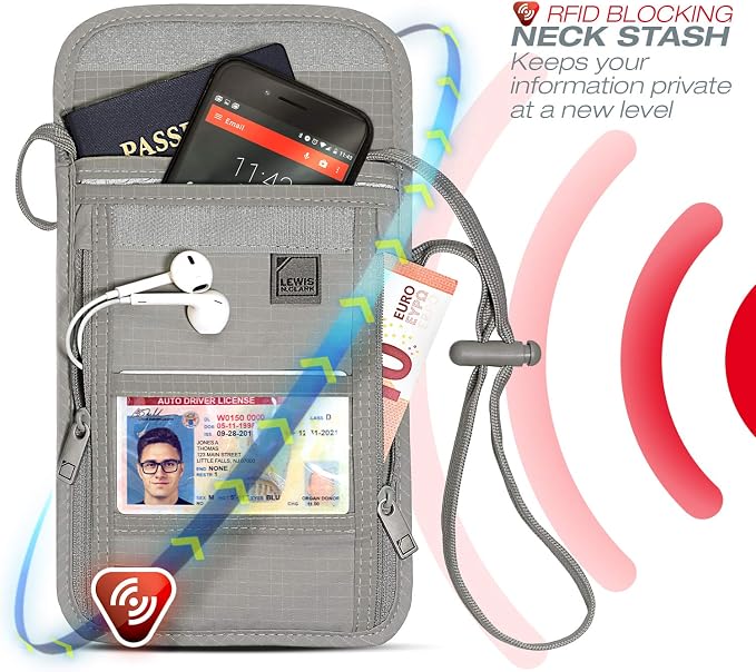 Lewis N. Clark RFID Blocking Stash Neck Wallet, Travel Pouch + Passport Holder