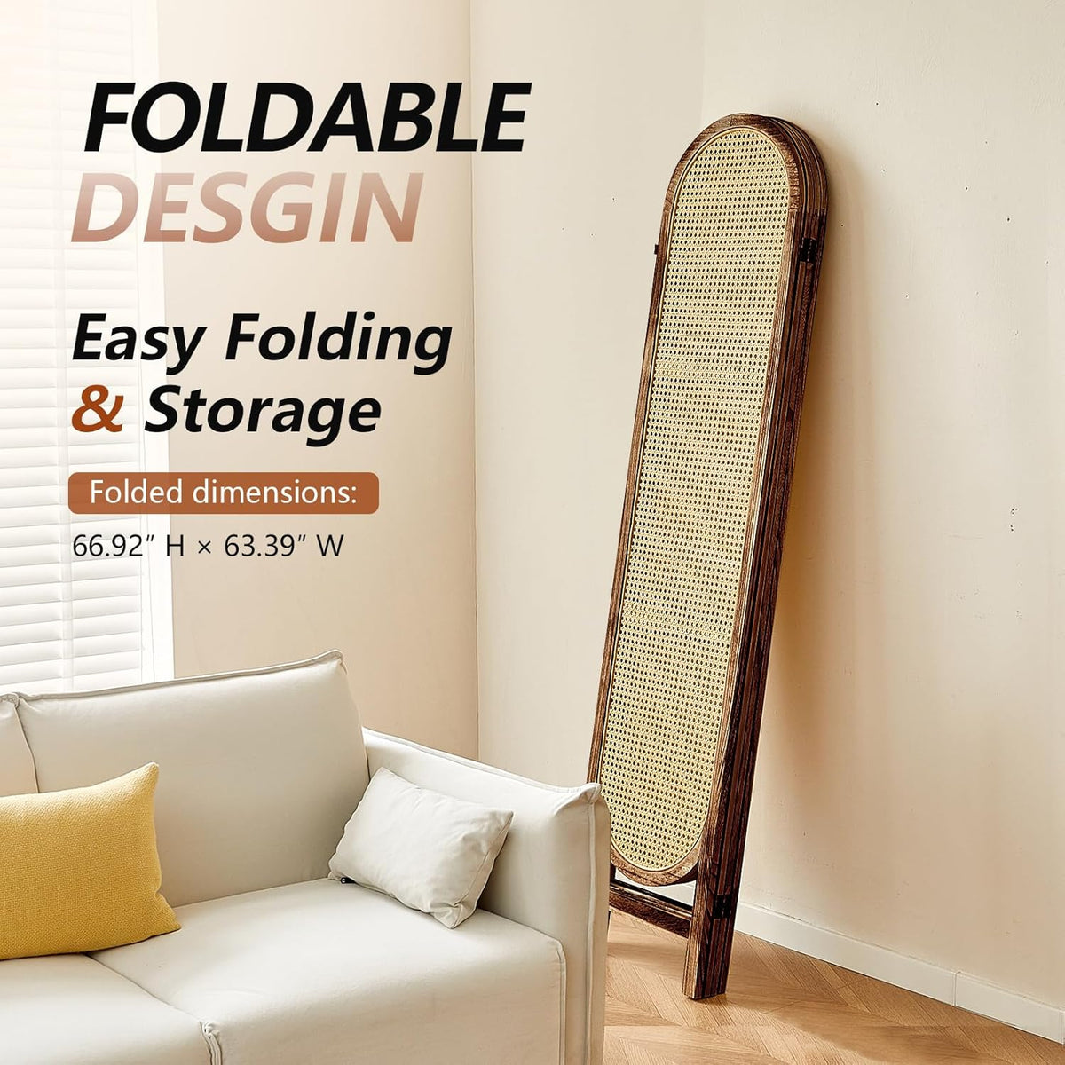 6 Panel Room Divider, Hand-Woven Rattan Room Divider Screen, Folding Privacy Screens with Double Hinges, Wooden Freestanding Wall Divider for Room Separation Bedroom Home Office - Brown