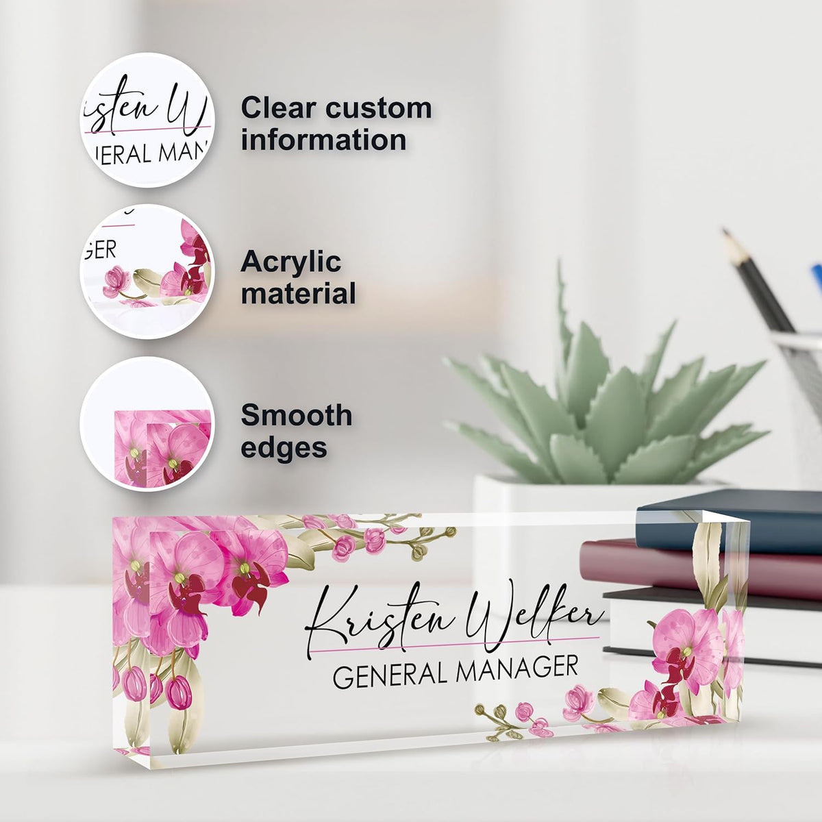 Personalized Name Plate for Desk, Custom Desk Name Plate, Acrylic Name Plate Office Desk Accessories, Personalized Office Gifts for Coworkers Teachers, Employee Appreciation Gifts (A-Butterfly Orchid)