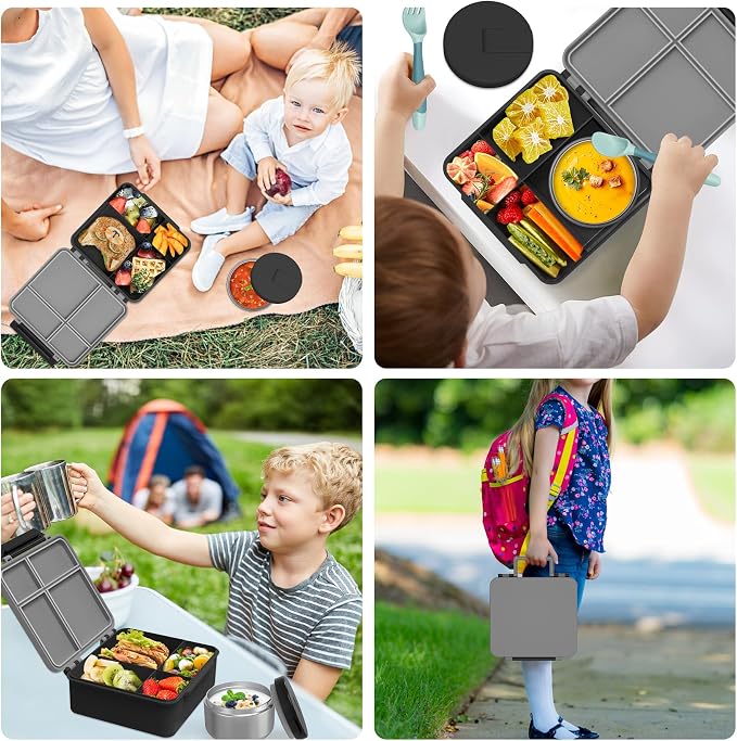 Kids Bento Lunch Box with 8oz Soup Thermo, Kids Leakproof Lunch Food Containers