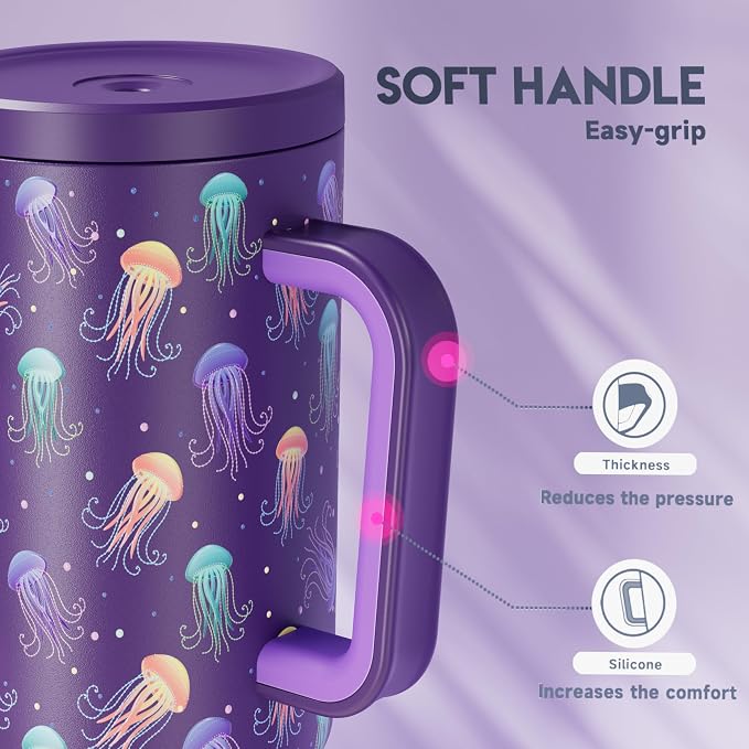Meoky 40 oz Tumbler with Handle and Straw: Glow in the Dark Tumbler with Lid and Straw - Stainless Steel Insulated Tumbler for Car Cup Holders - Travelers Commuters Workers, Jellyfish