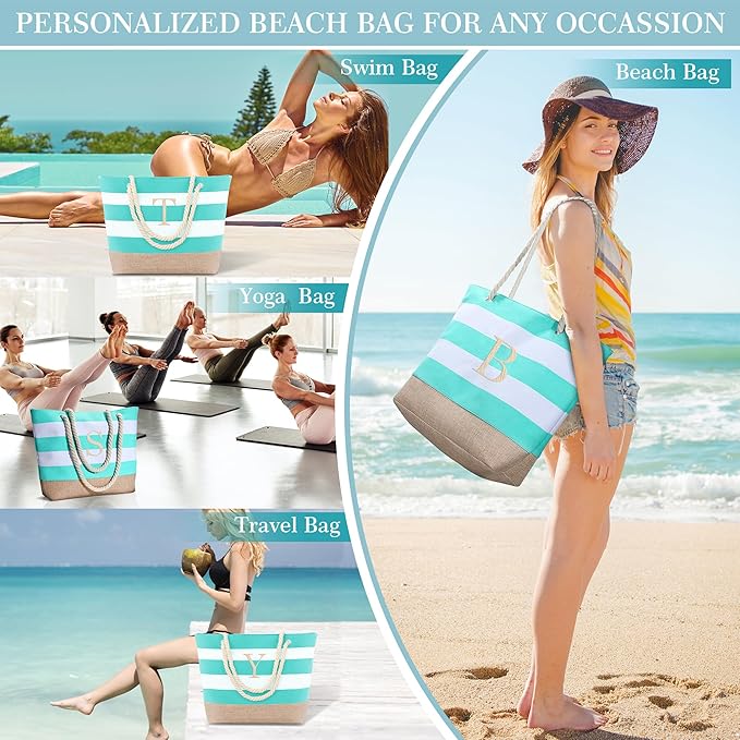 YOOLIFE Initial Canvas Waterproof Beach Tote Bag Zipper Personalized Gifts